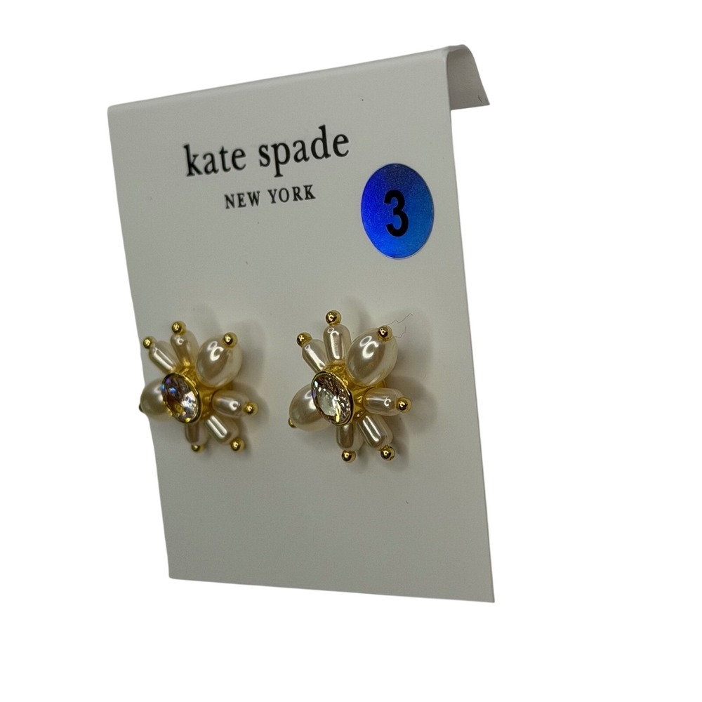 Kate Spade Pearl Starburst Floral Stud Earrings Gold Tone Crystal NWT Chic Boho - Picture 4 of 5